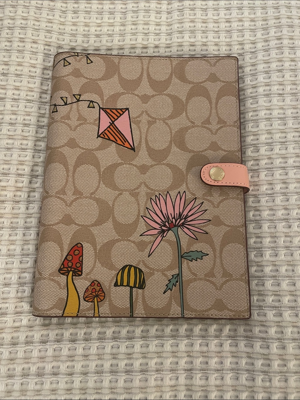 Coach Tan Signature Canvas Cover with Pink Floral & Mushroom Motif